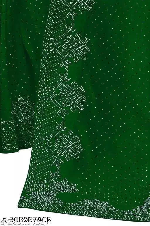 Trending green Georgette silk-cotton saree with hotfix diamond work, matching chiffon blouse piece for women's fashion