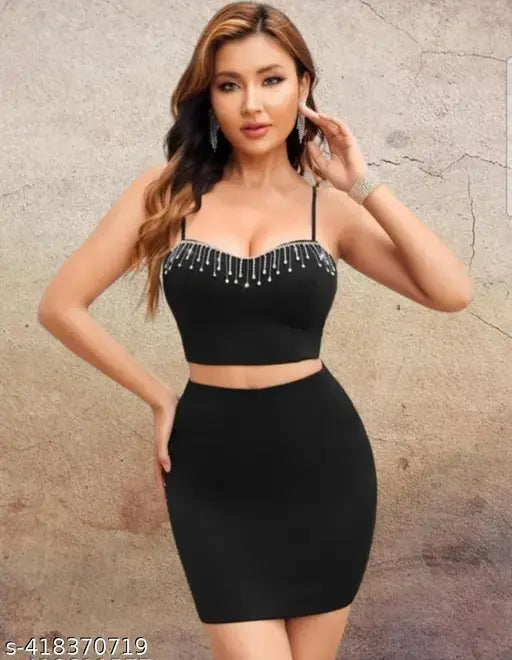 Women's black mini skirt with colorblocked net pattern, suitable for office, party, and casual wear. Cotton blend material