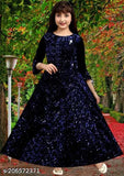 Embellished blue velvet newborn gown with three-quarter sleeves, made in India for 4-5 year olds