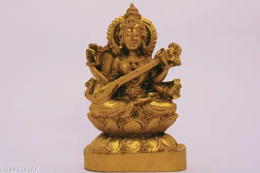 Golden ceramic Saraswati idol, Indian religious figurine of the Goddess of learning and music, 5cm x 8cm x 5cm size