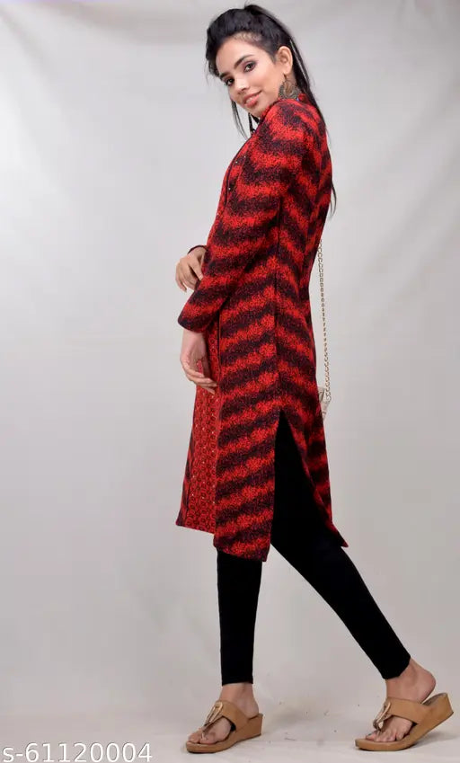 Red woolen kurti, long sleeves, printed combo - women's straight style from CLYMAA winter collection, India