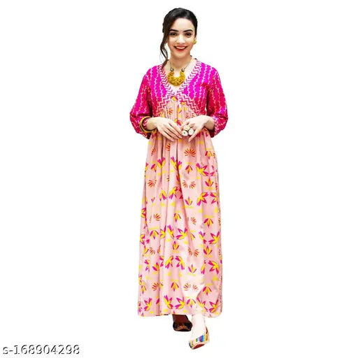 Pink rayon printed combo anarkali kurti gown, three-quarter sleeves for women's ethnic wear, India origin