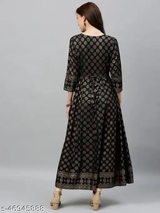 Black rayon slub fabric Anarkali with golden printed ethnic design - Kipek women's stylish and comfortable fashion