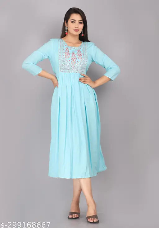 Rayon embroidered women's kurta, traditional-meets-western design, three-quarter sleeves, S-XXXL sizes from Harshit Creation, India