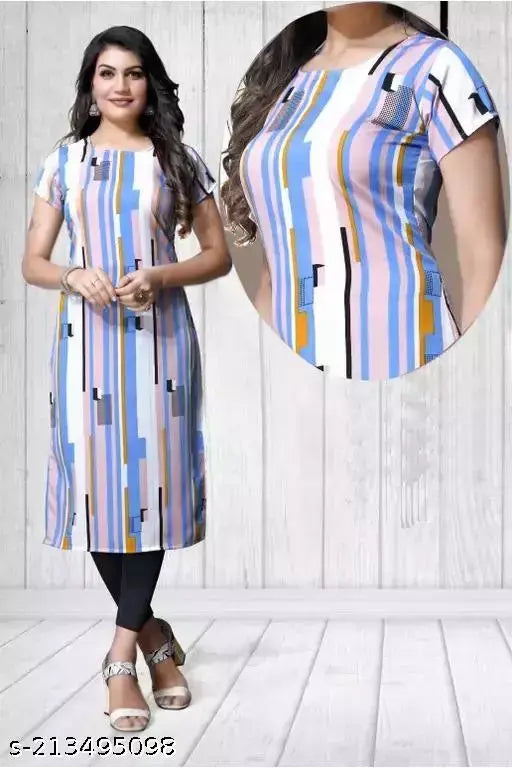 Multicolor crepe straight kurti for plus size women, ethnic Indian wear with short sleeves and printed combo