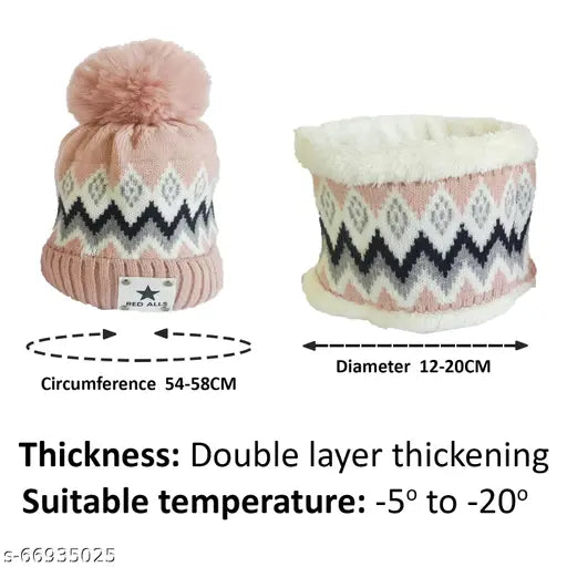 Pink wool beanie hat & scarf set for winter sports, embellished design, soft velvet feel, perfect for skiing, hiking, and autumn-winter season