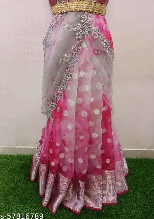 Pink organza lehenga, silver dupatta set unstitched with embroidered details, Indian ethnic wedding wear