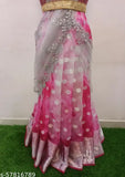 Pink organza lehenga, silver dupatta set unstitched with embroidered details, Indian ethnic wedding wear