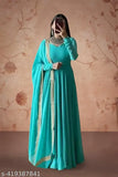 Sky Blue Floral Print Georgette Gown, elegant Indian women's dress with solid net fabric, L size (38-50-36-42)