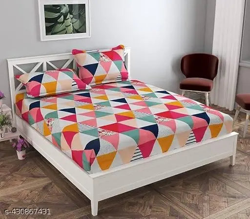 Glace Cotton, geometric-patterned Shiv Shakti Textile double bed sheet with 2 pillow covers. Superfine quality bed linen for summer use, suitable for adults