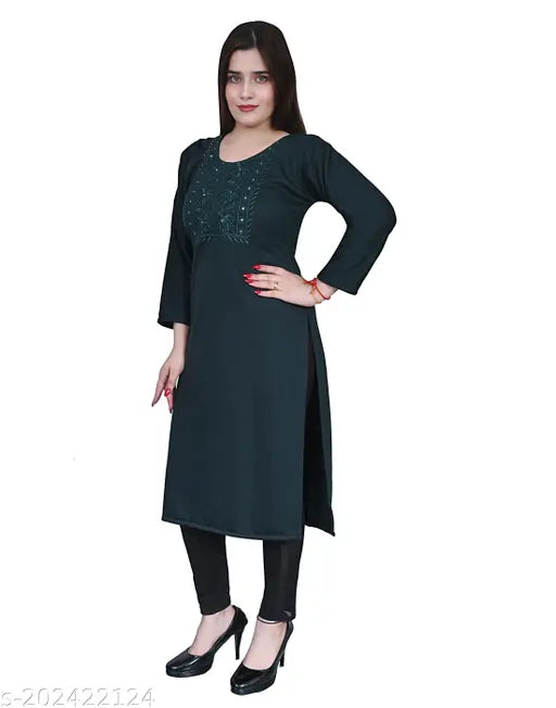 Wool embroidered A-line kurti by Ojasvi, long sleeves, single size S (36in bust, 42in length)