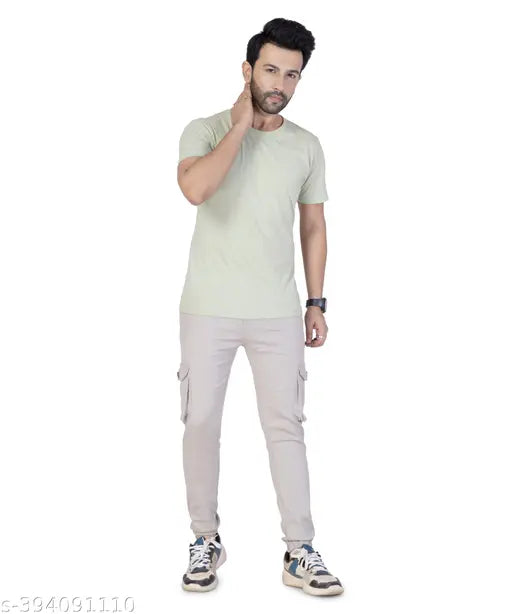 Mens cream cotton blend cargo joggers, solid design for men's casual wear. Cream cargo joggers from Vinayak Enterprise, India, size 36 (waist 38in, length 40in)