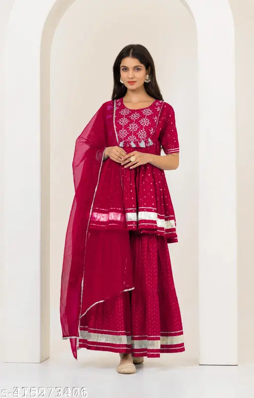 Starry Red Trending Sharara Set: Rayon fabric, short-sleeved kurta with dupatta and bottomwear, ready-to-wear ethnic ensemble for a stylish look
