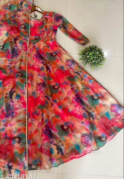 XXL printed net organza tabby silk gown, heavy quality fabric with duppatta, long sleeves