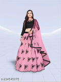 Embroidered semi-stitched art silk lehenga with net dupatta, free size, 40 inch waist, 42 inch length, 2.2m long