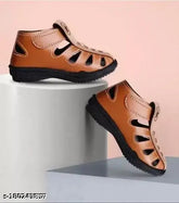 Stylish leather and PU tan sandal shoes for kids, solid net design for toddlers aged 9-18 months. Made in India