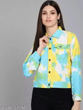 Denim colorblocked full sleeve casual jacket for women, long sleeves on hanger