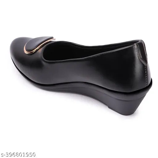 Black canvas and synthetic leather women's bellies shoes with buckle fastening, memory foam insole for comfortable step-in feel, suitable for casual, formal, and party wear