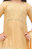 Kids cotton blend A-line kurta pajama with dupatta, solid pattern, long sleeves, sizes 12-18 months to 10 years. India-made traditional kids' clothing