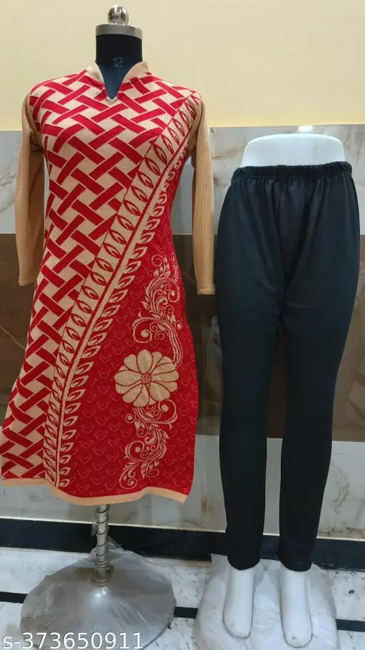 Fancy woolen kurti set with printed net pants, three-quarter sleeves, Indian handloom crafts