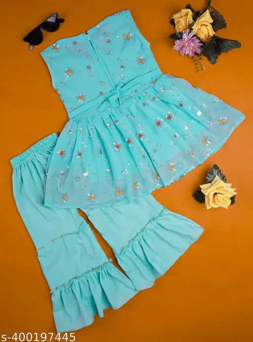 Premium chiffon embroidered dress set, self-design net palazzo for kids in 12-18 months to 3-4 years, party occasion wear from India