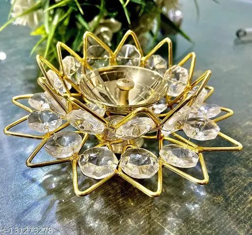 Brass Akhand LotusKamal Diya, diamond crystal deepak/dia, decorative brass oil lamp for puja home decor