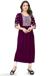 Purple rayon embroidered kurti with three-quarter sleeves, Indian women's fashion on mannequin