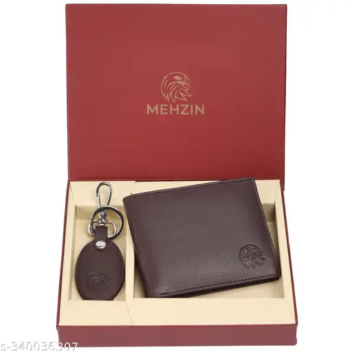Brown genuine leather RFID wallet with keychain combo set (6 card slots), perfect for formal occasions