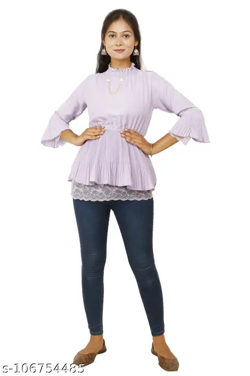 Stylish crepe top, solid net, three-quarter sleeves, XS-L sizes, Indian origin