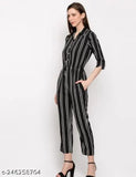 Black striped crepe jumpsuit with line collar and three-quarter sleeves, available in sizes XS to XL. Made in India