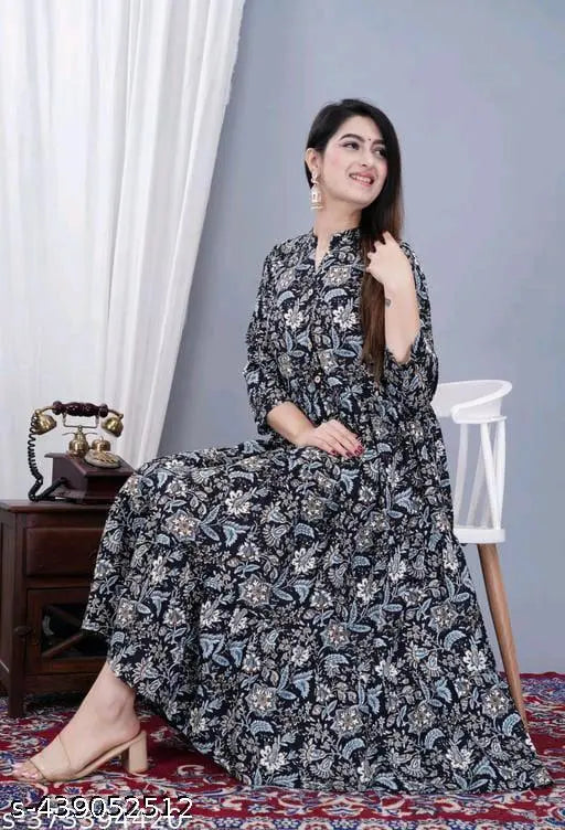 Black Rayon Anarkali Kurta, stylish full flair Jaipur print design for women's fashion. Three-quarter sleeves, available sizes XS to 5XL