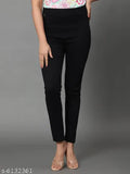 Solid black denim jeggings with high waist, skinny fit, and elastic closer - women's style from India