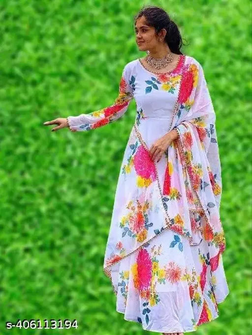 Georgette flower printed long line gown with dupatta set for wedding/casual party wear - Indian women's fashion trending design