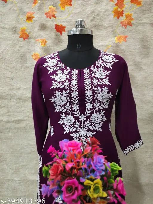 Designer slub rayon Kurta and Plazzo set with embroidered net, three-quarter sleeves. Rayon fabric, various sizes available. India-made chikankari work