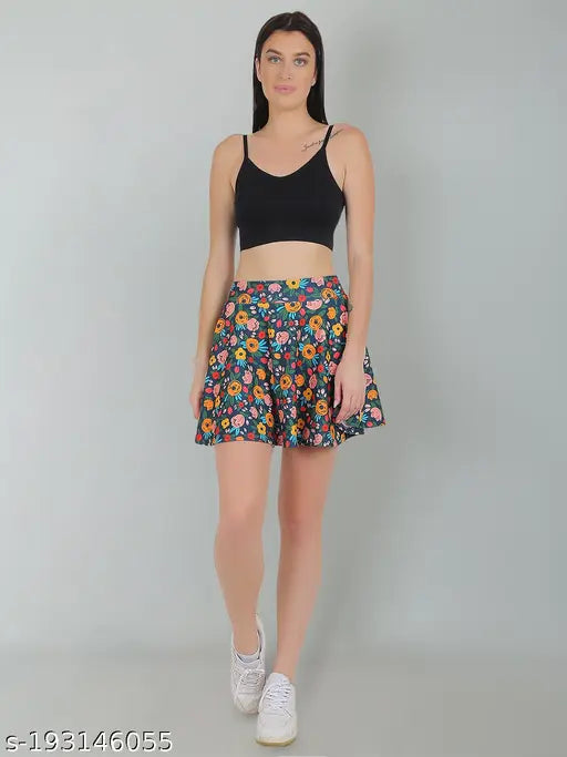 Green floral printed mini skirt with attached inner short (polyester), high-quality elastane, double layered, suitable for multiple occasions