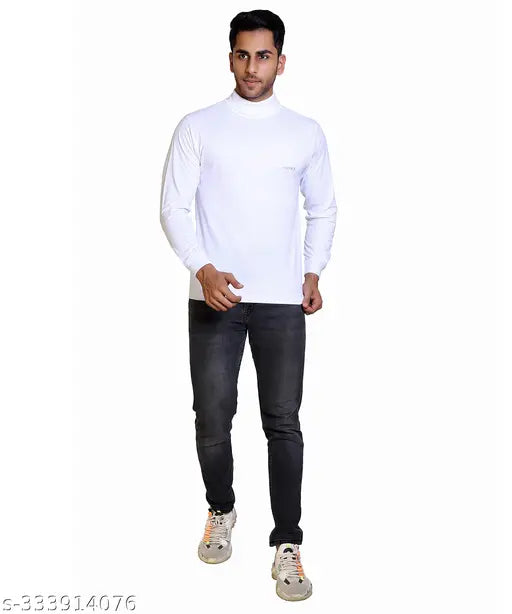 Cotton rich high neck t-shirt, white, long sleeves - classic elegance, all-season versatility