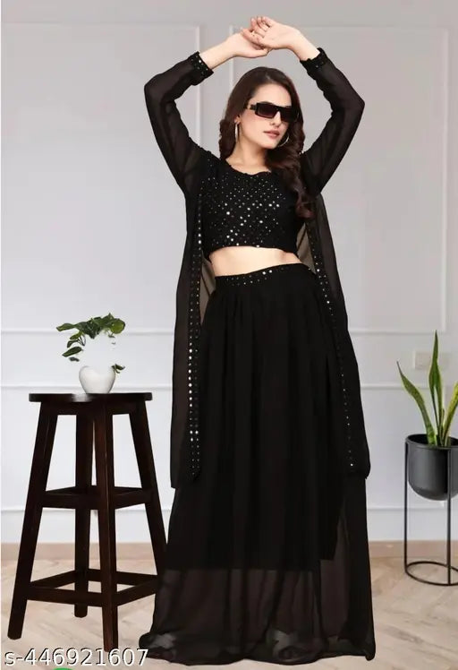 Black Georgette Indo-Western Lehenga Choli Set with Long Shrug, sleeveless and embroidered. New purple color for wedding, party wear, or festivals. Includes XL, XXL sizes from AnasGarments (India)