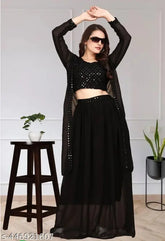 Black Georgette Indo-Western Lehenga Choli Set with Long Shrug, sleeveless and embroidered. New purple color for wedding, party wear, or festivals. Includes XL, XXL sizes from AnasGarments (India)