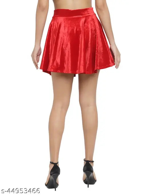 Velvet high-waisted red skater skirt, versatile and flared with a shimmery sheen for parties or dates
