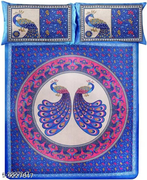 Blue peacock-printed cotton double bedsheet with 2 pillow covers, 144 thread count, Queen size from India