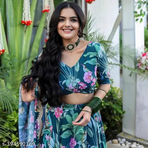 Floral faux Georgette Lahenga set with choli, semi-stitched in free size (42in waist, 44in length), featuring digital print and embroidered lace border dupatta from FASHION SQUAD (India)