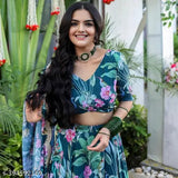 Floral faux Georgette Lahenga set with choli, semi-stitched in free size (42in waist, 44in length), featuring digital print and embroidered lace border dupatta from FASHION SQUAD (India)