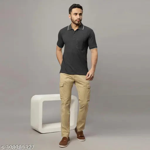 Pure cotton men's half sleeve polo shirt with pocket, solid color and ribbed collar & sleeves - Made in India