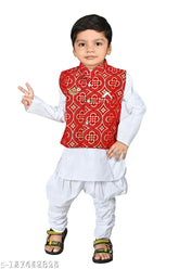 Boys cotton kurta pajama set with jacket, long sleeves churidar, checked pattern. Newborn to 6 years Indian traditional clothing on model