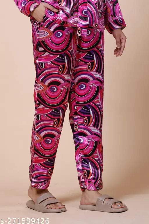 Women's printed satin nightsuit set by Glen Rose, long-sleeved pyjama top and bottom with detailed patterns on display