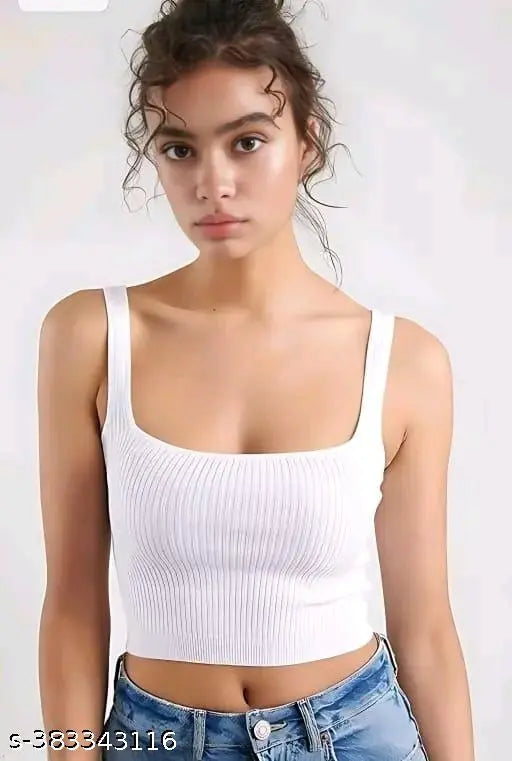 Solid ribbed cotton crop tops, white, for women and girls, sleeveless, notch neck, Indian-made