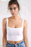 Solid ribbed cotton crop tops, white, for women and girls, sleeveless, notch neck, Indian-made