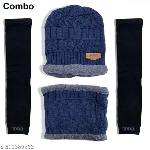 Blue woolen winter beanie cap with neck warmer, muffler, and gloves - Warm multi-functional accessory perfect for cold weather outdoor activities or daily wear, made in India