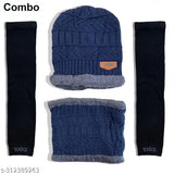 Blue woolen winter beanie cap with neck warmer, muffler, and gloves - Warm multi-functional accessory perfect for cold weather outdoor activities or daily wear, made in India