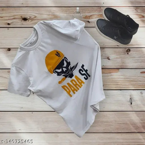 White cotton blend round neck t-shirt, classic men's printed design, high-quality print, short sleeves